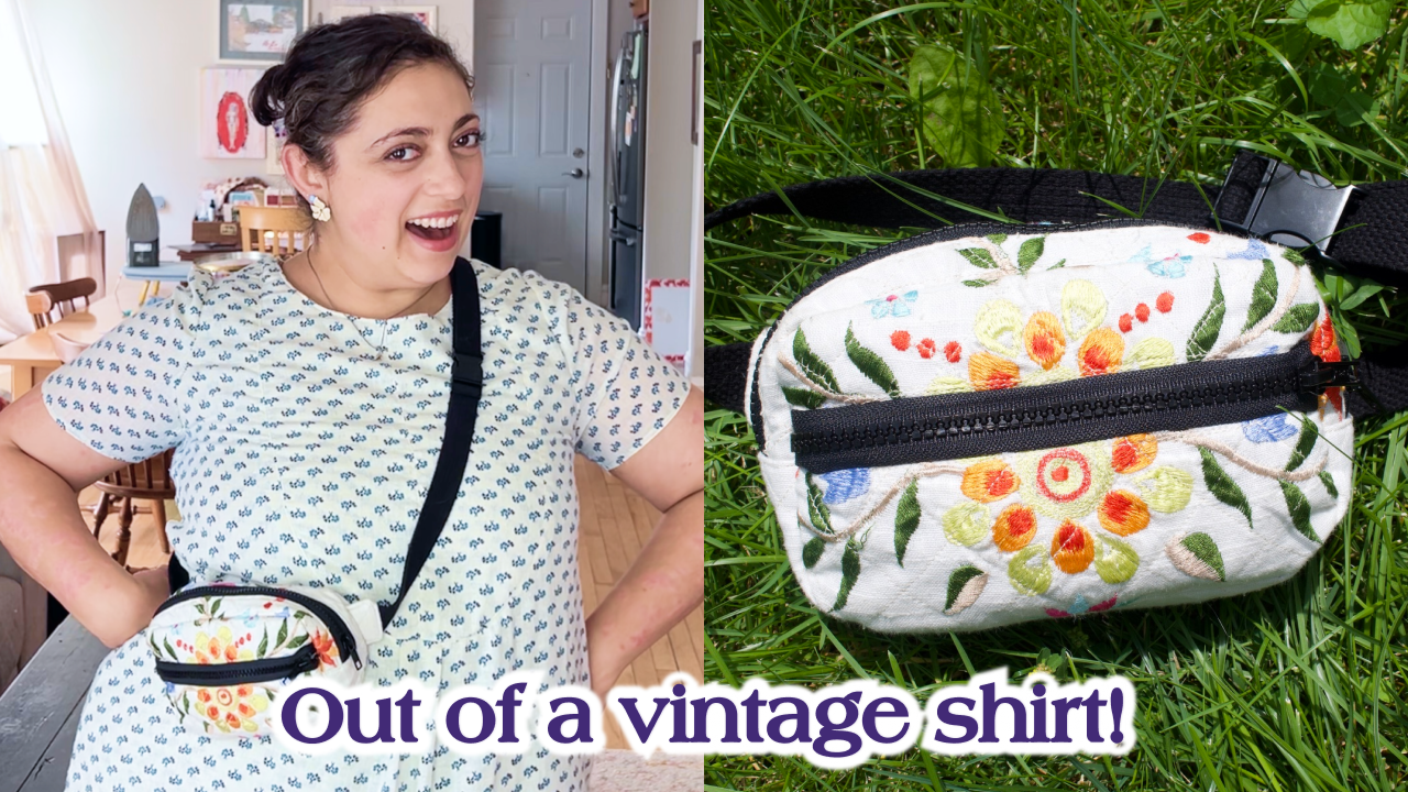 Load video: Upcycling an Embroidered Shirt into a Modern Belt Bag